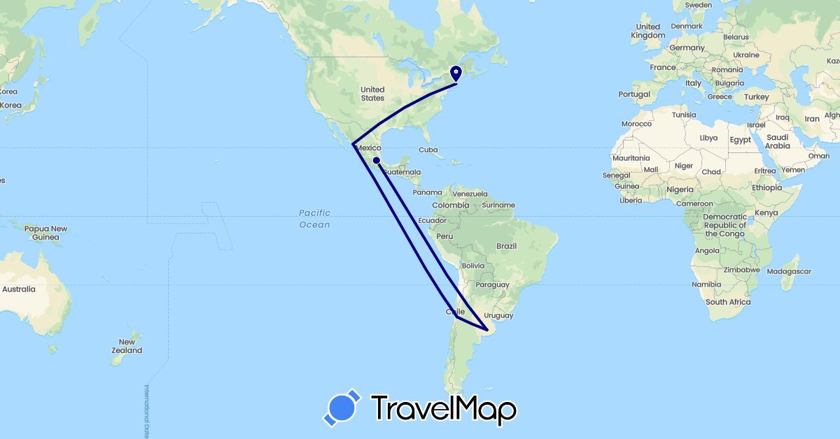 TravelMap itinerary: driving in Argentina, Chile, Mexico, United States (North America, South America)